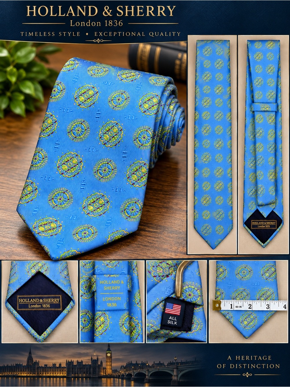 Holland & Sherry London 1836 Men’s Silk Tie Blue Medallion Paisley Necktie